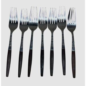 Vintage Interpur Dinner Forks Set of 7 Mid Century Wood Handle Japan 8"